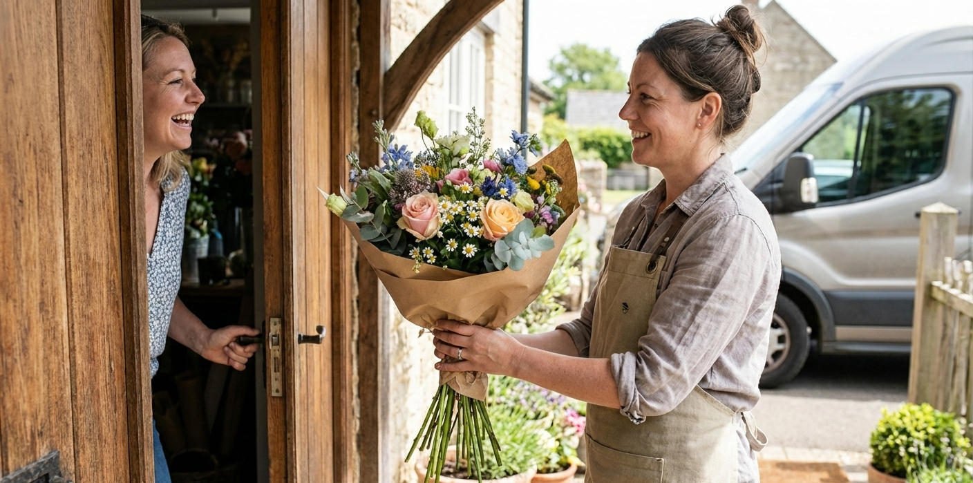 Florist delivering a bouquet of flowers to a customer at their door.
