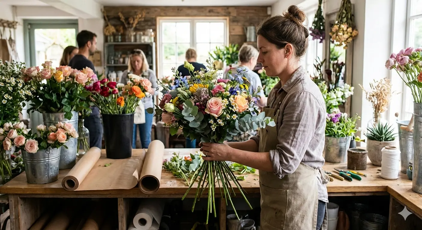 Florist carefully packing a bouquet